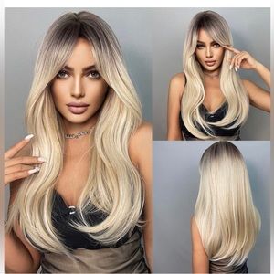 Long Blonde Wig with Curtain Bangs and Dark Roots